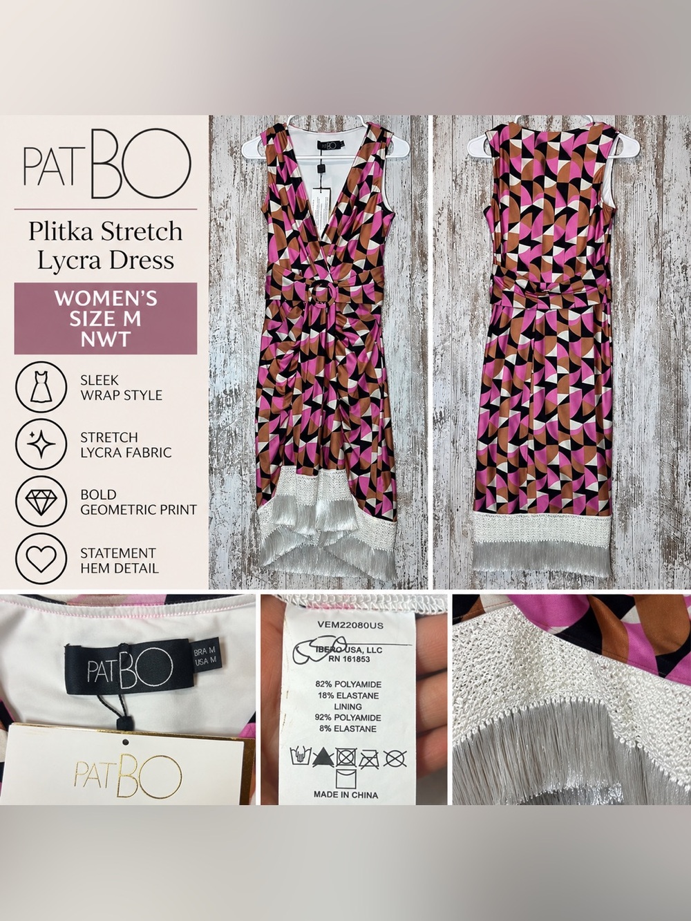 PatBO Plitka Stretch Lycra Dress Women’s M NWT Pink Geometric Fringe